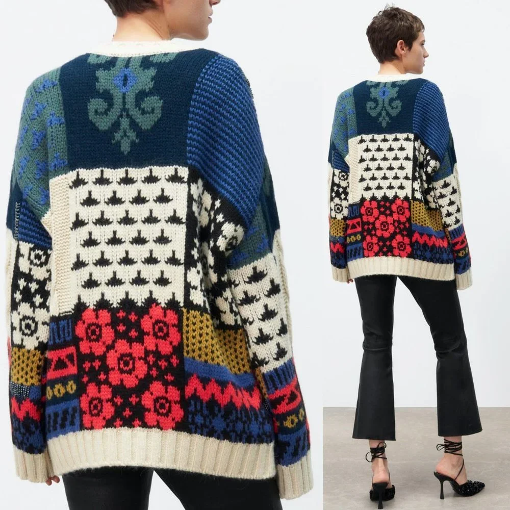 NEW Zara Patchwork Wool Blend Beaded Applique Oversize Limited Edition Sweater M - Picture 6 of 16